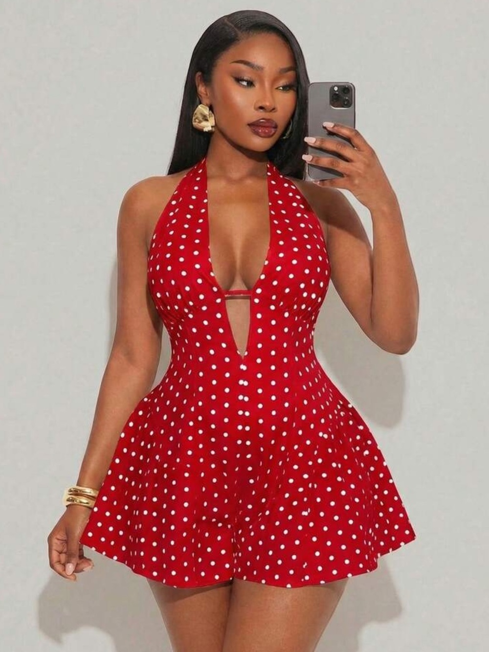 SXY Plus Size Women's Fashionable Polka Dot Print Halter Jumpsuit